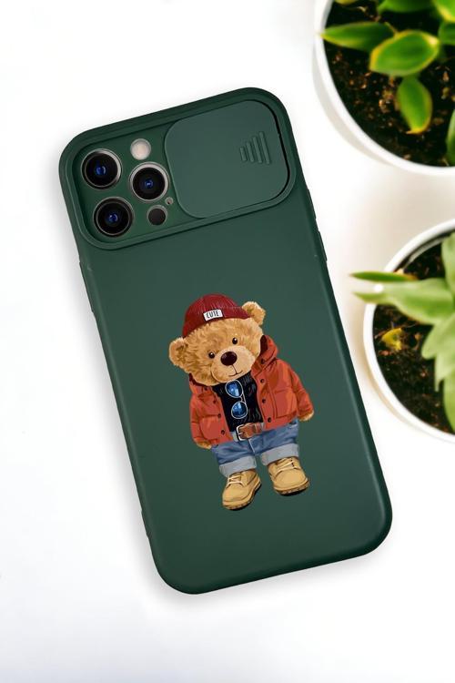 İphone 12 Pro Max Uyumlu Teddy Bear Desenli Kamera Koruma Slider Kapaklı Silikonlu Telefon Kılıfı