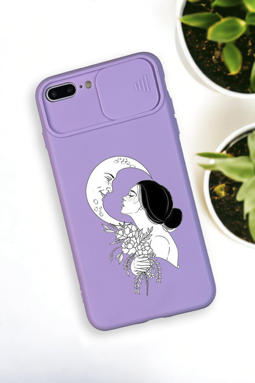 İphone 7 Plus Uyumlu Moon And Women Desenli Kamera Koruma Slider Kapaklı Silikonlu Telefon Kılıfı