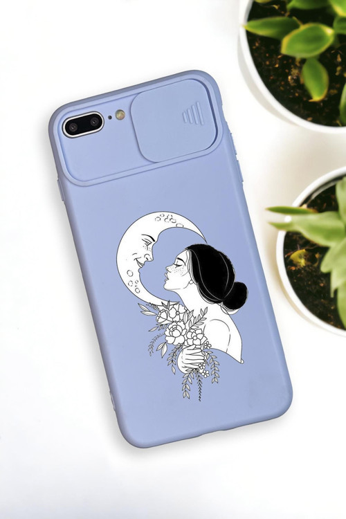 İphone 7 Plus Uyumlu Moon And Women Desenli Kamera Koruma Slider Kapaklı Silikonlu Telefon Kılıfı