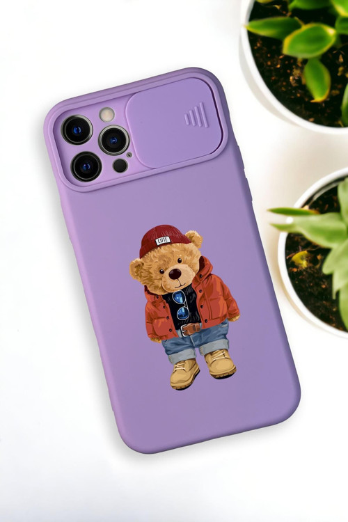 İphone 12 Pro Max Uyumlu Teddy Bear Desenli Kamera Koruma Slider Kapaklı Silikonlu Telefon Kılıfı