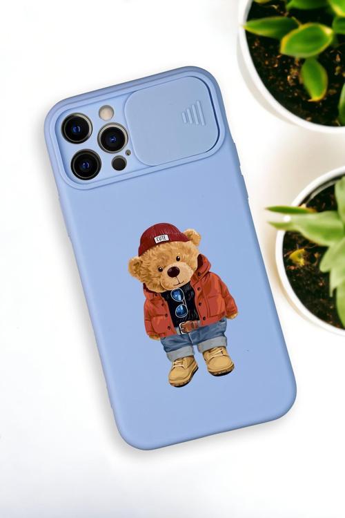 İphone 12 Pro Max Uyumlu Teddy Bear Desenli Kamera Koruma Slider Kapaklı Silikonlu Telefon Kılıfı