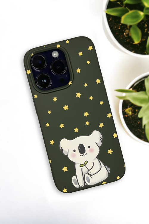 İphone 14 Pro Uyumlu Koala Desenli Premium Silikonlu Haki Lansman Telefon Kılıfı