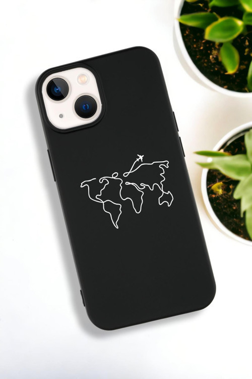 İphone 15 Uyumlu Dünya Harita Rota Desenli Premium Silikonlu Lansman Telefon Kılıfı