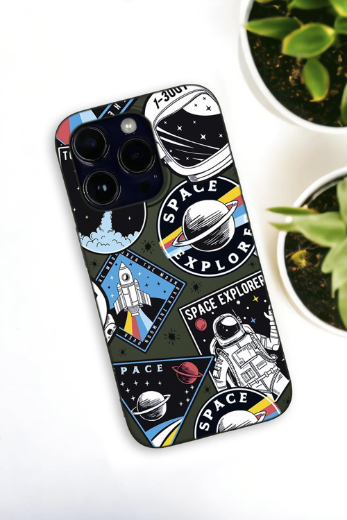 İphone 14 Pro Uyumlu Space Desenli Premium Silikonlu Haki Lansman Telefon Kılıfı