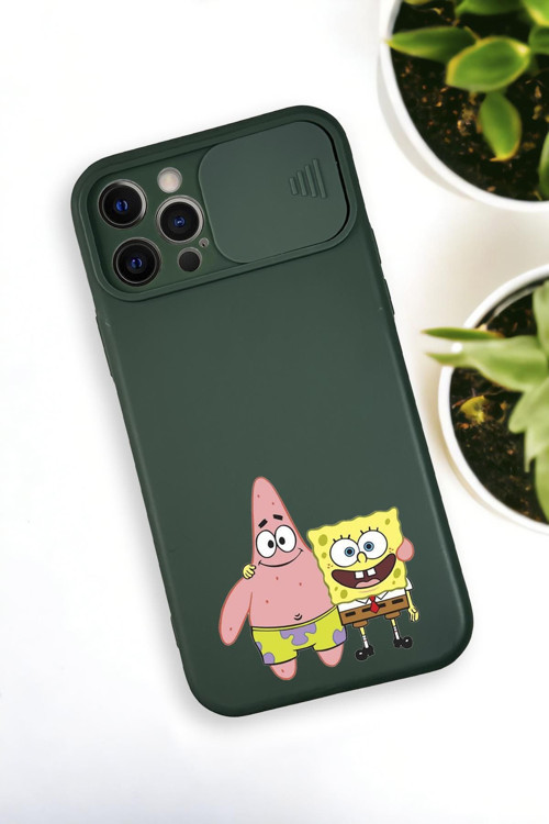 İphone 12 Pro Max Uyumlu Sünger Bob Ve Patrick Star Desenli Kamera Koruma Slider Kapaklı Silikonlu T