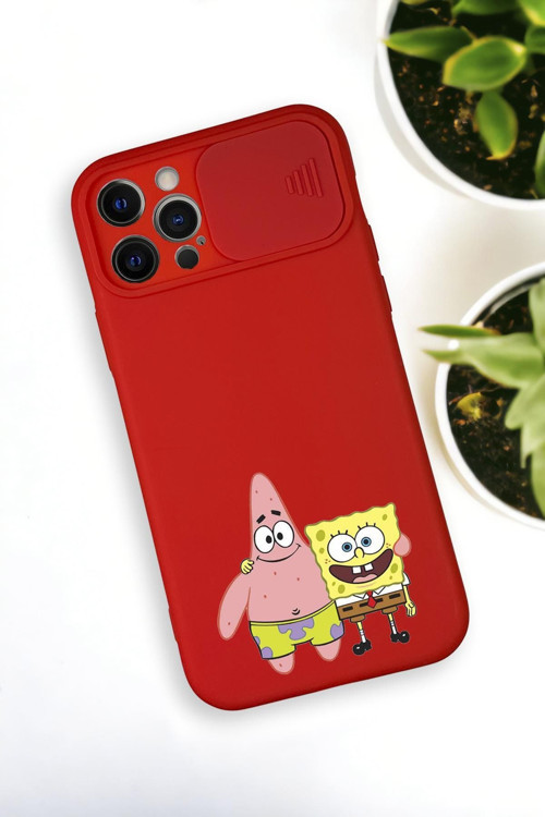 İphone 12 Pro Max Uyumlu Sünger Bob Ve Patrick Star Desenli Kamera Koruma Slider Kapaklı Silikonlu T