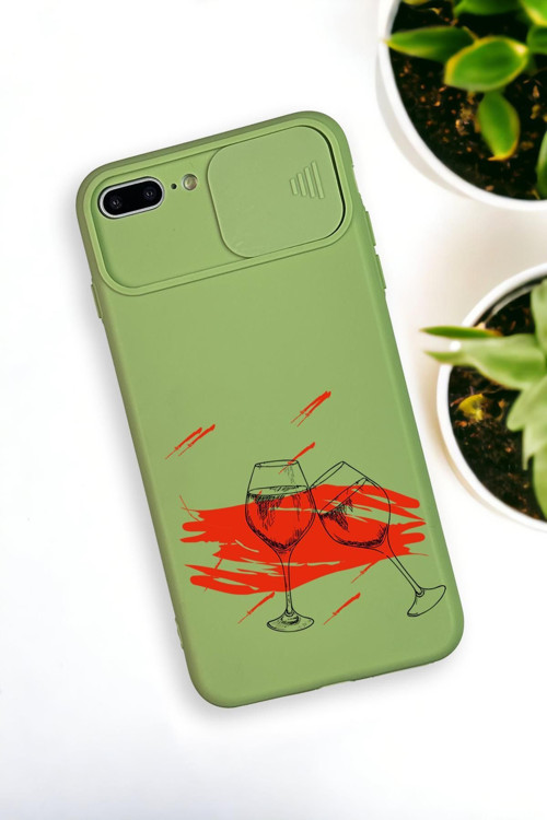 İphone 8 Plus Uyumlu Spilled Wine Desenli Kamera Koruma Slider Kapaklı Silikonlu Telefon Kılıfı