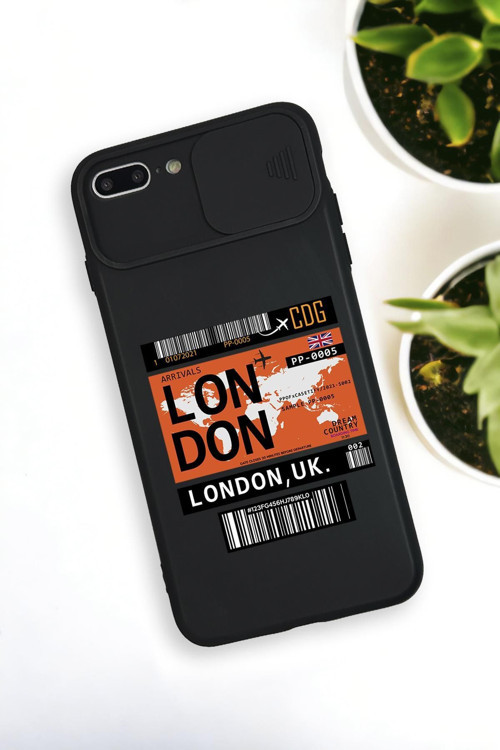 İphone 7 Plus Uyumlu London Yaprak Desenli Kamera Koruma Slider Kapaklı Silikonlu Telefon Kılıfı