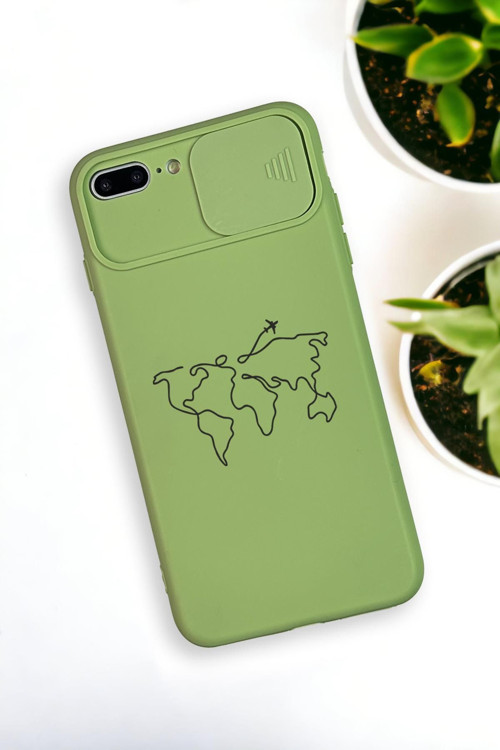 İphone 7 Plus Uyumlu Dünya Harita Desenli Kamera Koruma Slider Kapaklı Silikonlu Telefon Kılıfı