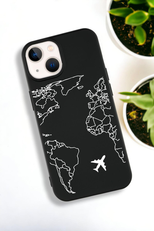İphone 15 Plus Uyumlu World Map Lines Desenli Premium Silikonlu Lansman Telefon Kılıfı