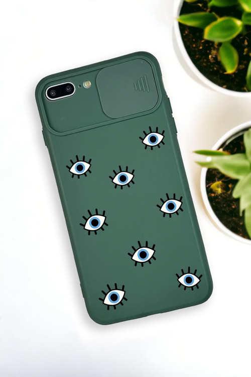 İphone 8 Plus Uyumlu Nazar Gözler Desenli Kamera Koruma Slider Kapaklı Silikonlu Telefon Kılıfı