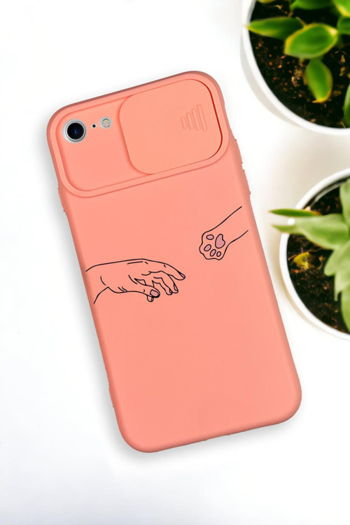 İphone 8 Uyumlu Hand And Paw Desenli Kamera Koruma Slider Kapaklı Silikonlu Telefon Kılıfı