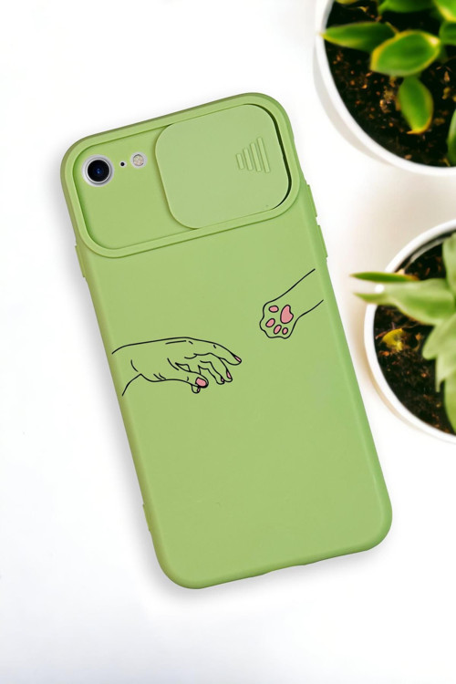 İphone 8 Uyumlu Hand And Paw Desenli Kamera Koruma Slider Kapaklı Silikonlu Telefon Kılıfı
