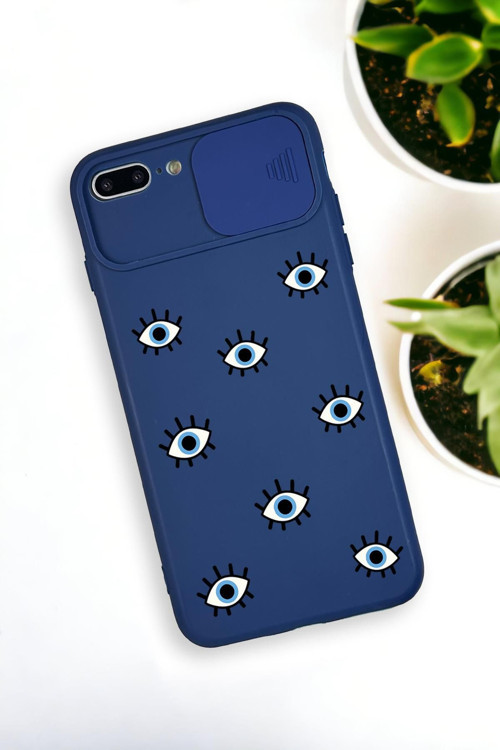 İphone 8 Plus Uyumlu Nazar Gözler Desenli Kamera Koruma Slider Kapaklı Silikonlu Telefon Kılıfı