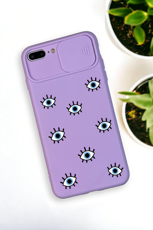 İphone 8 Plus Uyumlu Nazar Gözler Desenli Kamera Koruma Slider Kapaklı Silikonlu Telefon Kılıfı