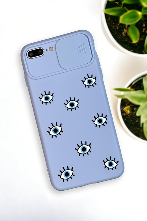 İphone 8 Plus Uyumlu Nazar Gözler Desenli Kamera Koruma Slider Kapaklı Silikonlu Telefon Kılıfı