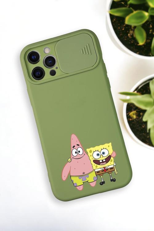 İphone 12 Pro Max Uyumlu Sünger Bob Ve Patrick Star Desenli Kamera Koruma Slider Kapaklı Silikonlu T