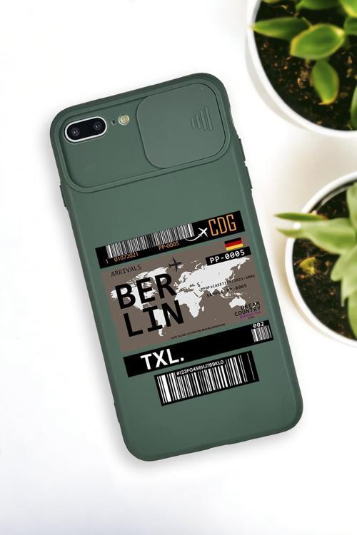 İphone 8 Plus Uyumlu Berlin Ticket Desenli Kamera Koruma Slider Kapaklı Silikonlu Telefon Kılıfı