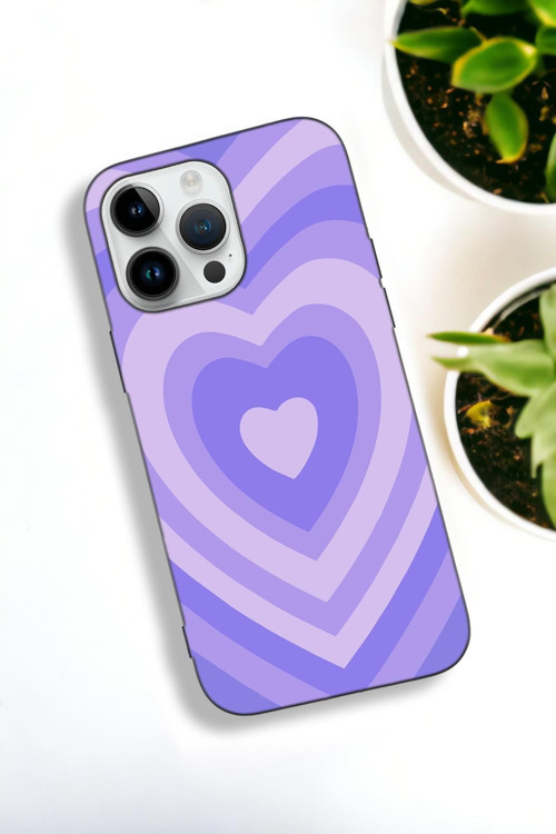 İphone 15 Pro Max Uyumlu Mor Kalpler Desenli Premium Silikonlu Lansman Telefon Kılıfı