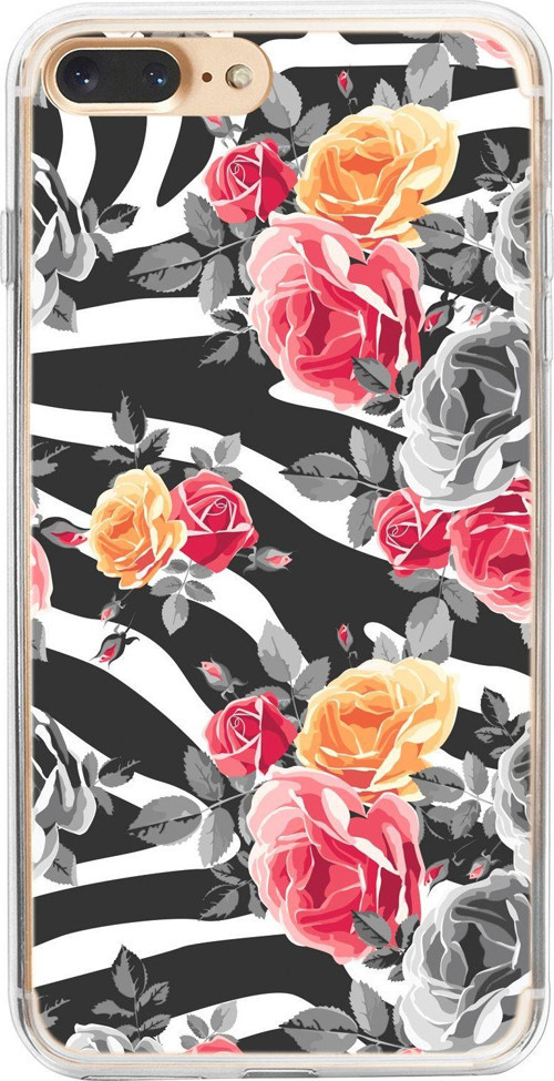 İphone 7 Plus / 8 Plus Uyumlu Zebra Gülleri Desenli Şeffaf Silikonlu Telefon Kılıfı