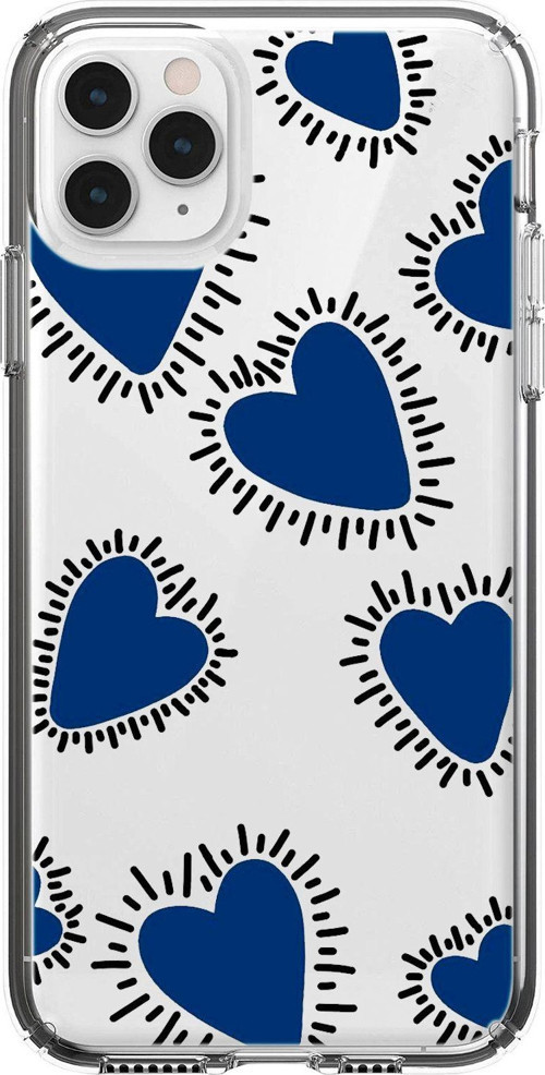 İphone 11 Pro Max Uyumlu Çizgili Mavi Kalpler Desenli Şeffaf Silikonlu Telefon Kılıfı