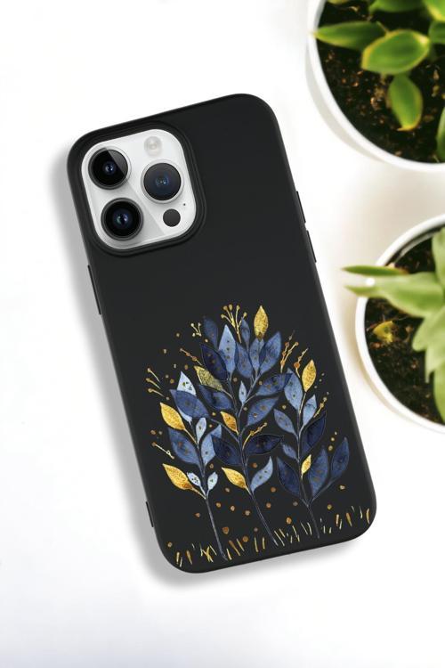 İphone 15 Pro Max Uyumlu Mavi Yaprak Desenli Premium Silikonlu Lansman Telefon Kılıfı