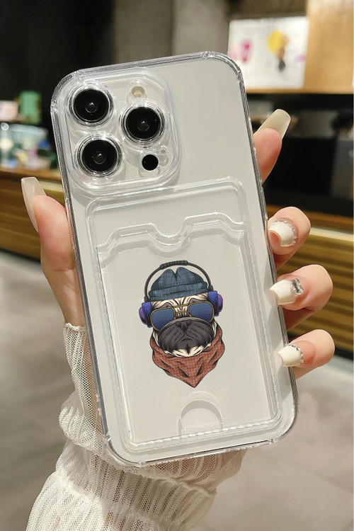 İphone 14 Pro Max Uyumlu Pug Desenli Şeffaf Kamera Korumalı Ve Kartlıklı Telefon Kılıfı