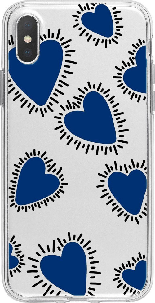 İphone Xs Max Uyumlu Çizgili Mavi Kalpler Desenli Şeffaf Silikonlu Telefon Kılıfı