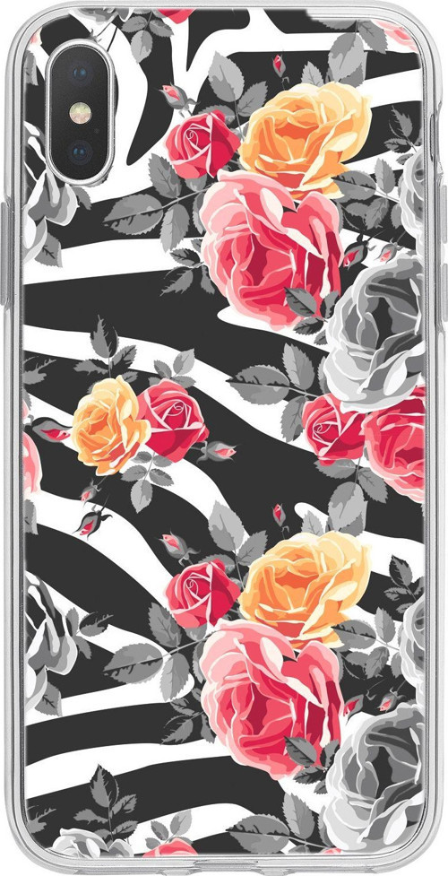 İphone Xs Max Uyumlu Zebra Gülleri Desenli Şeffaf Silikonlu Telefon Kılıfı