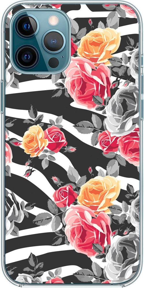 İphone 12 Pro Uyumlu Zebra Gülleri Desenli Şeffaf Silikonlu Telefon Kılıfı