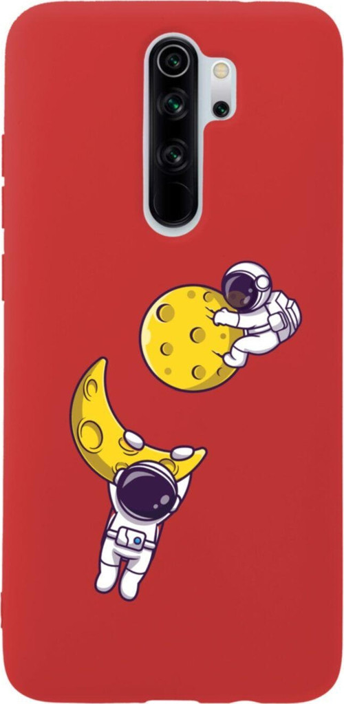 Xiaomi Redmi Note 8 Pro Astronot Ay Ve Yıldız Premium Silikonlu Lansman Kırmızı Telefon Kılıfı