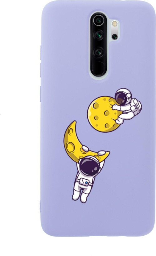 Xiaomi Redmi Note 8 Pro Astronot Ay Ve Yıldız Premium Silikonlu Lansman Lila Telefon Kılıfı