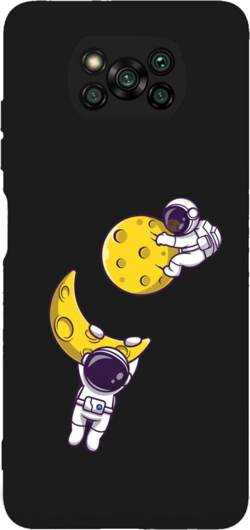 Poco X3 Astronot Ay Ve Yıldız Premium Silikonlu Lansman Siyah Telefon Kılıfı