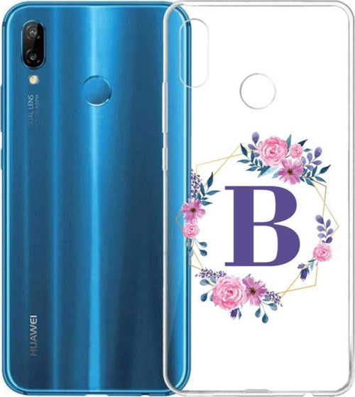 Mor Çiçekli B Harfli Şeffaf P20 Lite Telefon Kılıfı