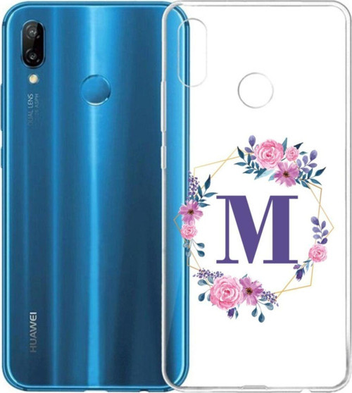 Mor Çiçekli M Harfli Şeffaf P20 Lite Telefon Kılıfı