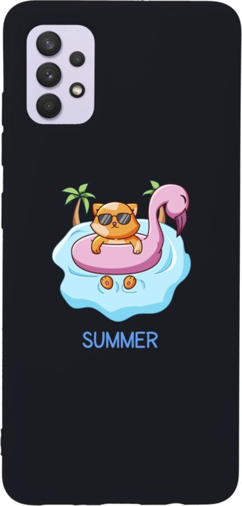 Samsung A32 Summer Kedi Tasarımlı Premium Silikonlu Lansman Siyah Telefon Kılıfı