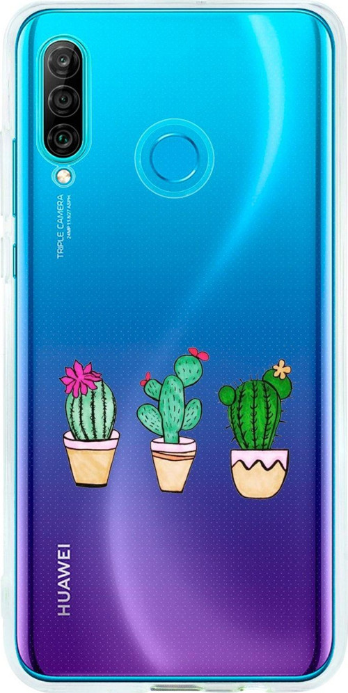 Uyumlu Huawei P30 Lite Kaktüsler Desenli Premium Şeffaf Silikon Kılıf