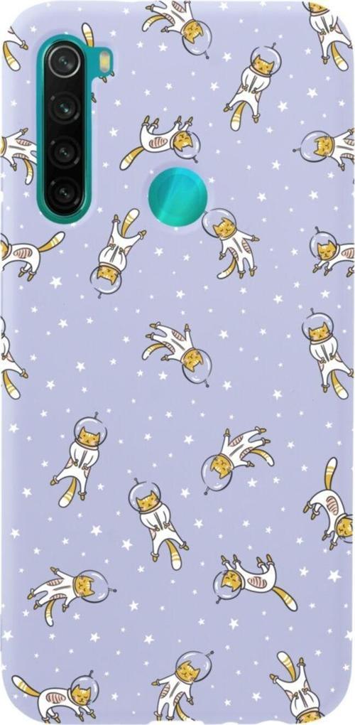 Xiaomi Redmi Note 8 Astronot Kediler Premium Silikonlu Lansman Lila Telefon Kılıfı