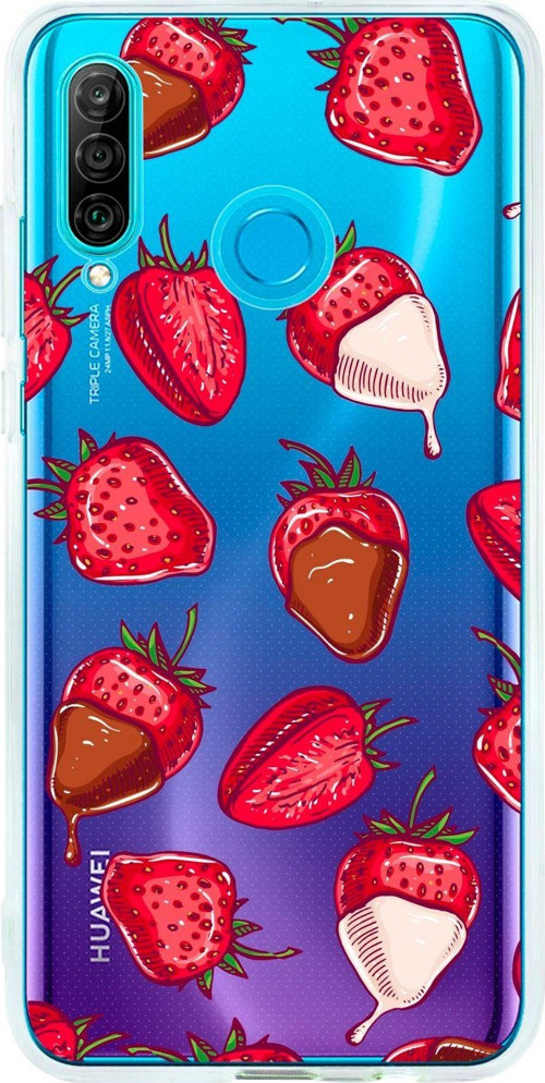 Huawei P30 Lite Uyumlu Çikolatalı Çilek Tasarımlı Premium Şeffaf Silikon Kılıf