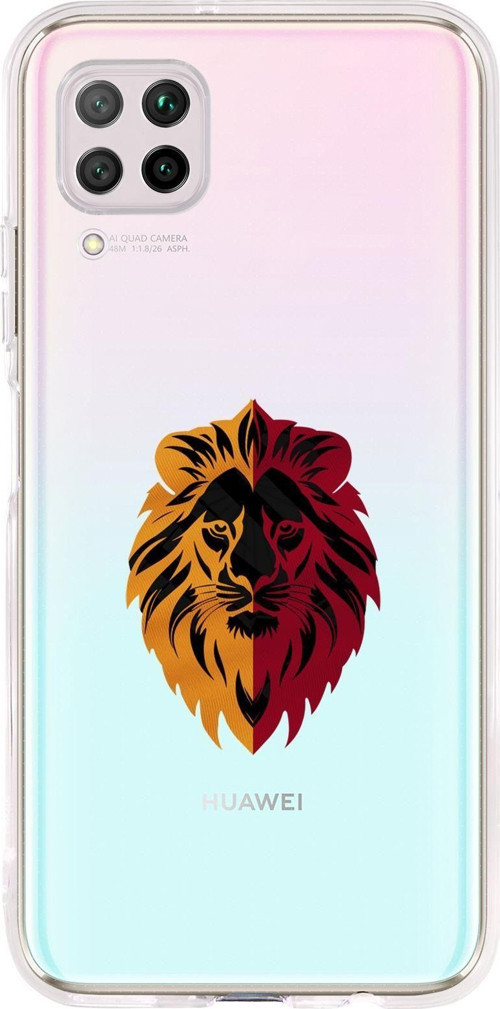 Huawei P40 Lite Uyumlu Sarı Kırmızı Aslan Desenli Premium Şeffaf Silikon Kılıf