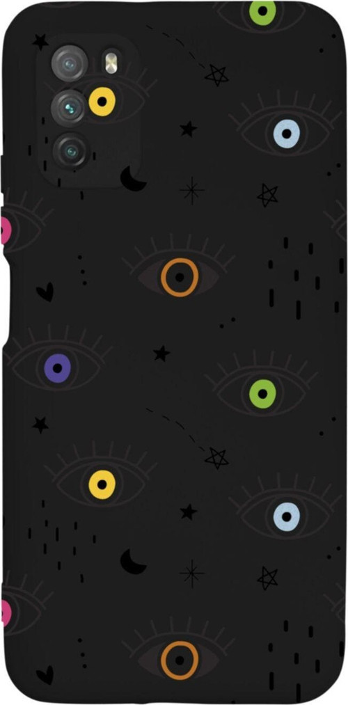 Poco M3 Pro Renkli Gözler Premium Silikonlu Lansman Siyah Telefon Kılıfı