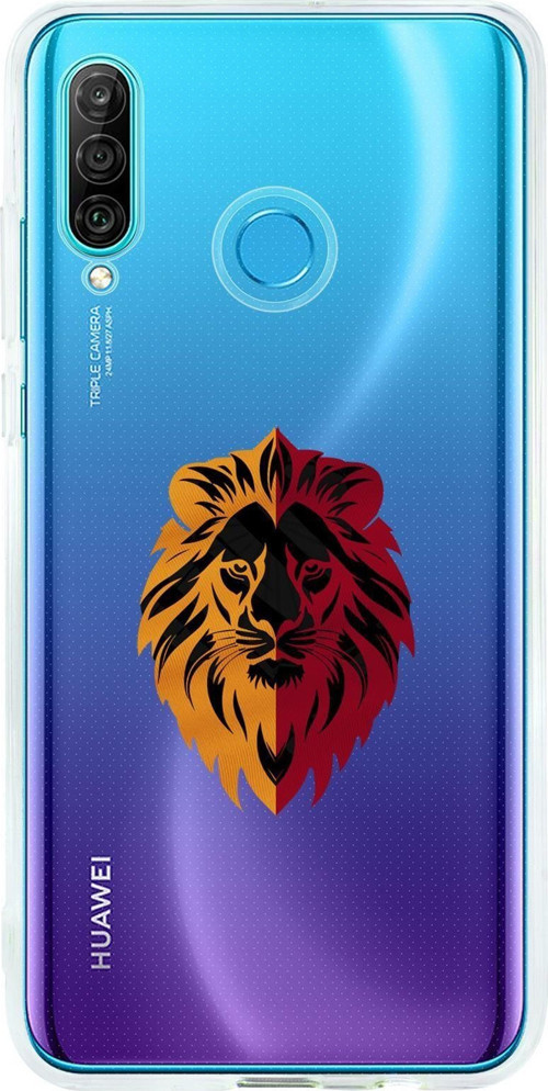 Huawei P30 Lite Uyumlu Sarı Kırmızı Aslan Desenli Premium Şeffaf Silikon Kılıf