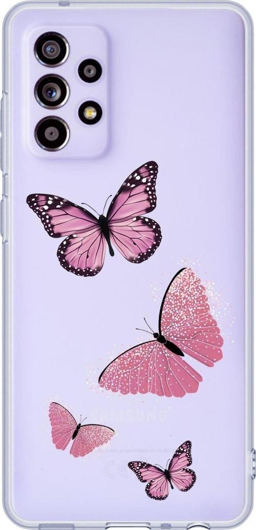 Galaxy A72 Uyumlu Pembe Kelebekler Desenli Premium Şeffaf Silikonlu Telefon Kılıfı