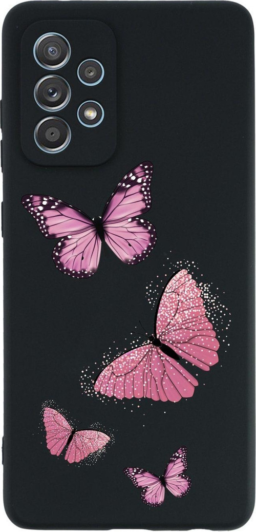 A32 Pembe Kelebekler Premium Silikonlu Siyah Telefon Kılıfı