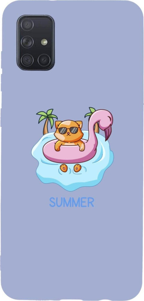 Samsung A71 Summer Kedi Tasarımlı Premium Silikonlu Lansman Lila Telefon Kılıfı