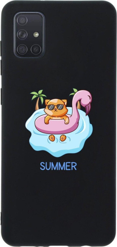 Samsung A71 Summer Kedi Tasarımlı Premium Silikonlu Lansman Siyah Telefon Kılıfı
