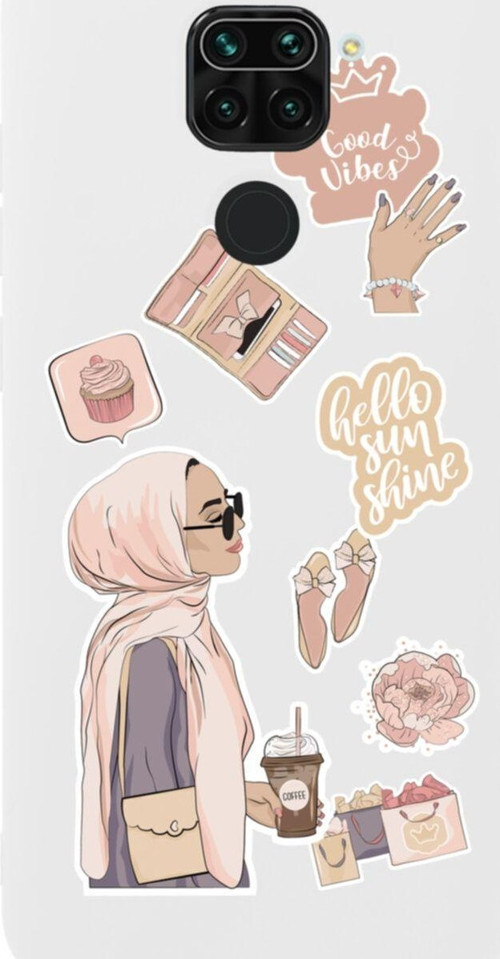 Xiaomi Redmi Note 9 Hijab Sticker Tasarımlı Premium Silikonlu Lansman Beyaz Telefon Kılıfı