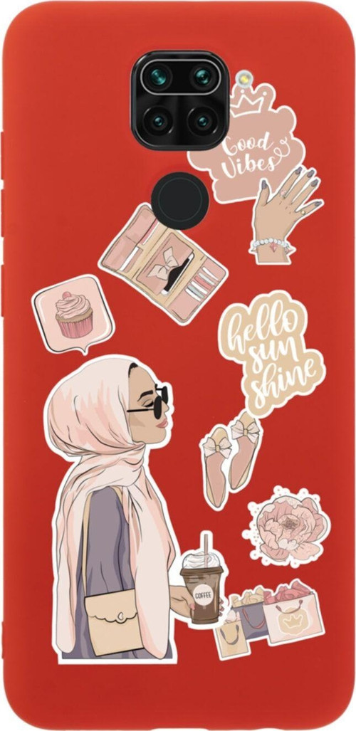 Xiaomi Redmi Note 9 Hijab Sticker Tasarımlı Premium Silikonlu Lansman Kırmızı Telefon Kılıfı