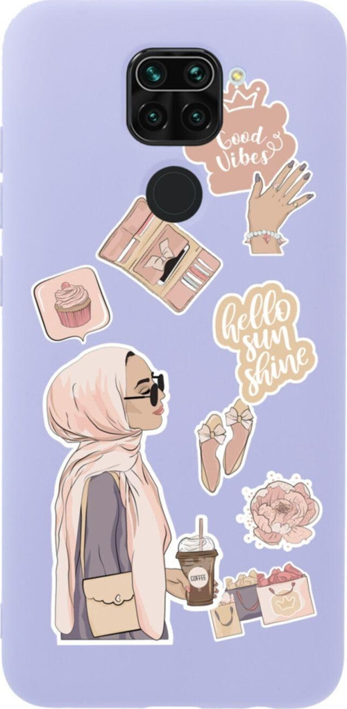 Xiaomi Redmi Note 9 Hijab Sticker Tasarımlı Premium Silikonlu Lansman Lila Telefon Kılıfı