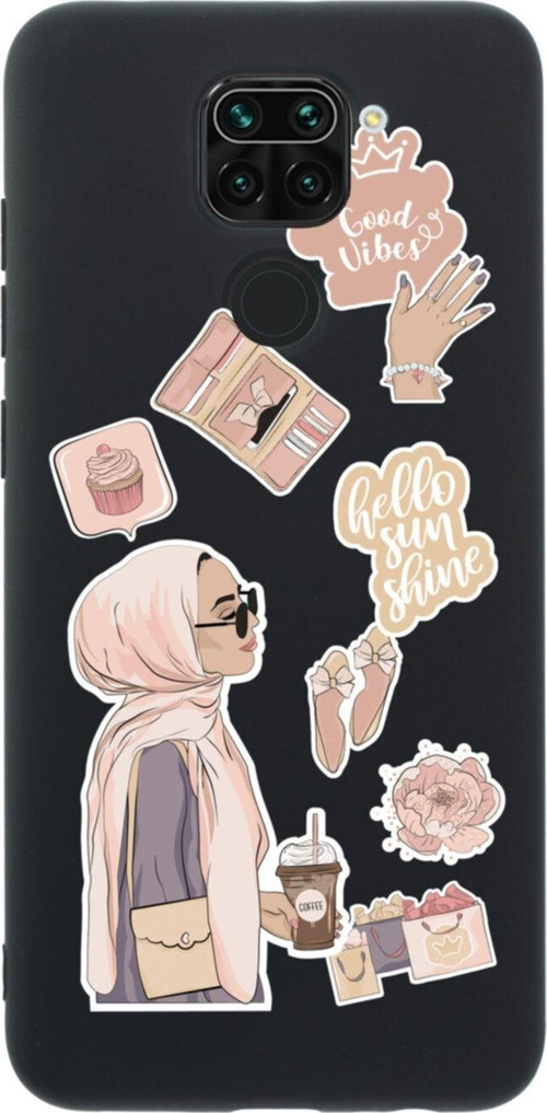 Xiaomi Redmi Note 9 Hijab Sticker Tasarımlı Premium Silikonlu Lansman Siyah Telefon Kılıfı